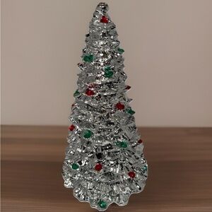 Vintage Decor 8” Heavy Figural Silver Reflective Christmas Tree Red & Green Gems